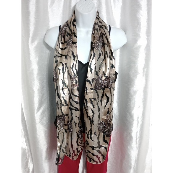 SATIN mesh stripe tiger scarf black tan ivory - Picture 4 of 6